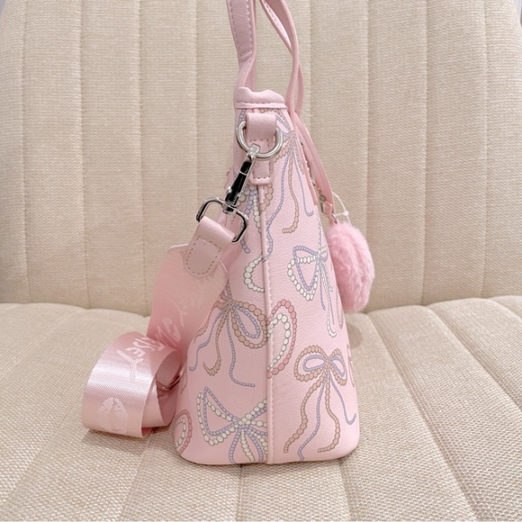 New Luv Betsey Johnson Pink Bow Mini Tote LBKLARA Bag Pom Pom Coquette Feminine - Picture 5 of 9
